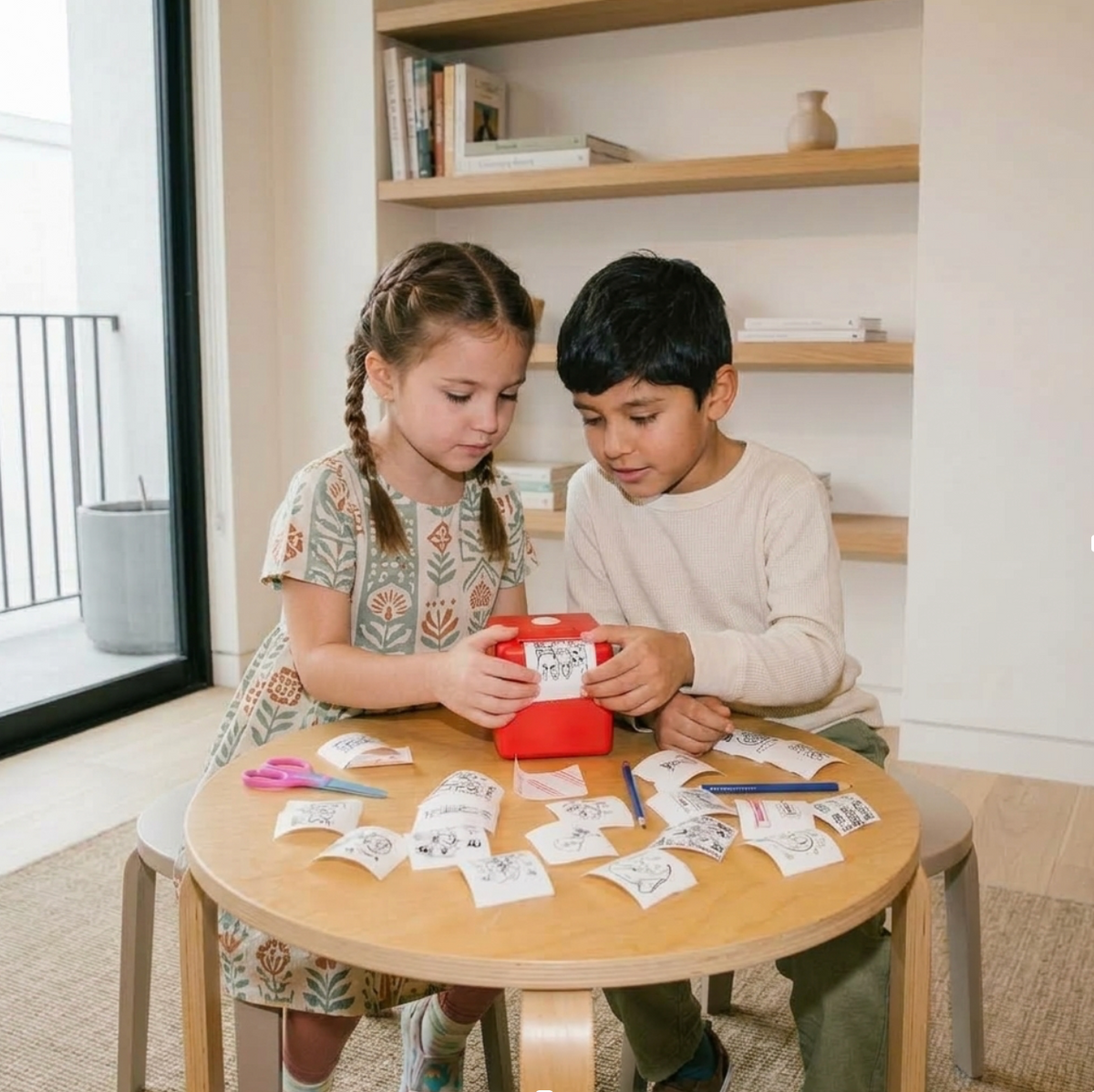 Deux enfants jouant avec l'imprimante Cubsprint autour d'une table